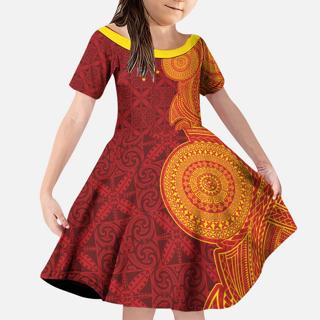 Niue Polynesian Hiapo Tattoo Art Family Matching Puletasi and Hawaiian Shirt Half Style Red Yellow Color LT03 Daughter's Dress Red - Polynesian Pride