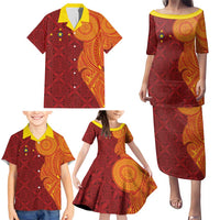 Niue Polynesian Hiapo Tattoo Art Family Matching Puletasi and Hawaiian Shirt Half Style Red Yellow Color LT03 - Polynesian Pride