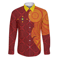 Niue Polynesian Hiapo Tattoo Art Family Matching Puletasi and Hawaiian Shirt Half Style Red Yellow Color LT03 Dad's Shirt - Long Sleeve Red - Polynesian Pride