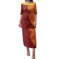 Niue Polynesian Hiapo Tattoo Art Family Matching Puletasi and Hawaiian Shirt Half Style Red Yellow Color LT03 Mom's Dress Red - Polynesian Pride
