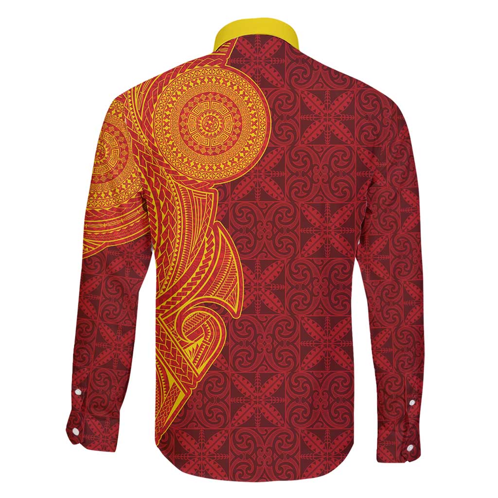 Niue Polynesian Hiapo Tattoo Art Family Matching Short Sleeve Bodycon Dress and Hawaiian Shirt Half Style Red Yellow Color LT03 - Polynesian Pride