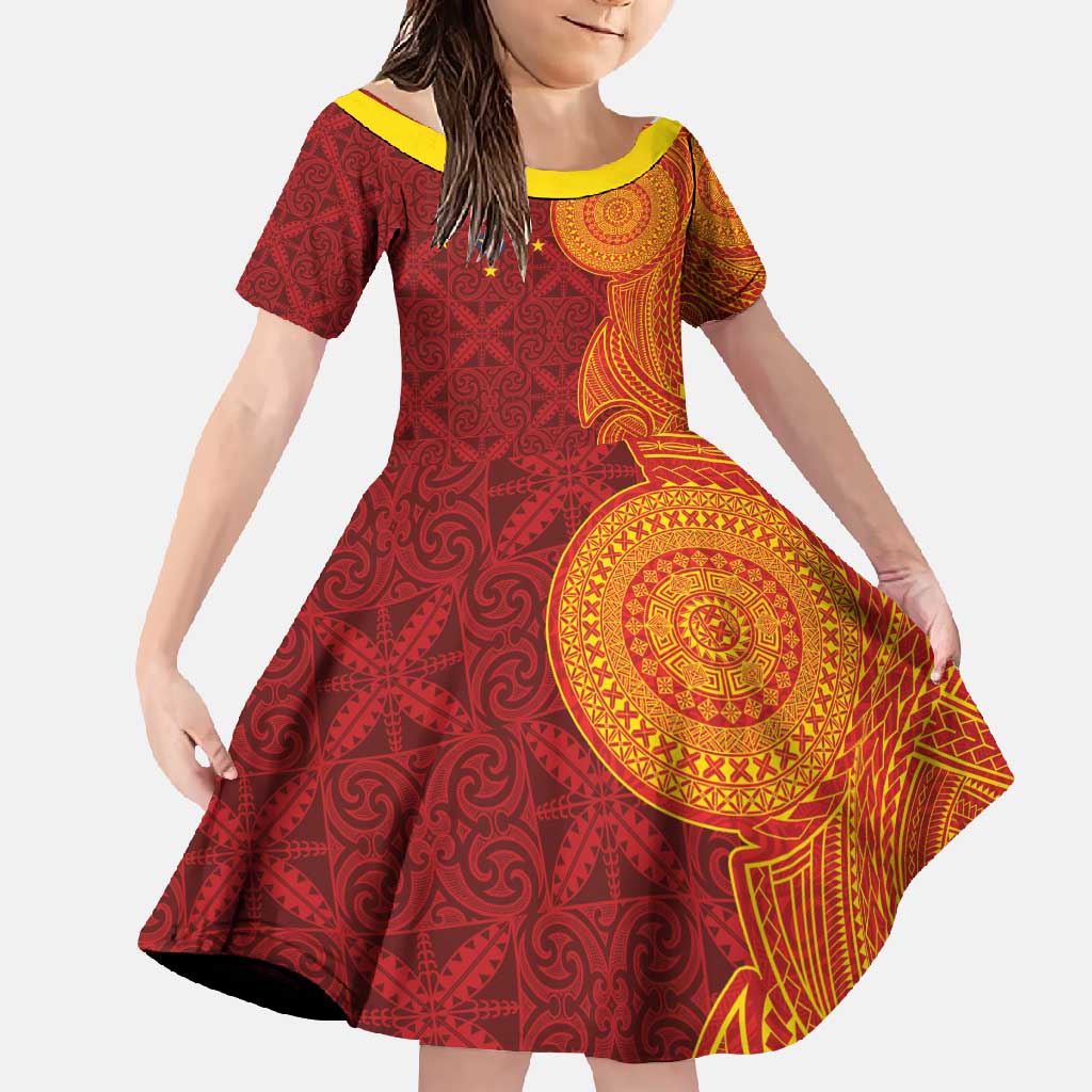 Niue Polynesian Hiapo Tattoo Art Family Matching Summer Maxi Dress and Hawaiian Shirt Half Style Red Yellow Color LT03 Daughter's Dress Red - Polynesian Pride