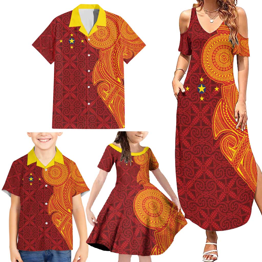 Niue Polynesian Hiapo Tattoo Art Family Matching Summer Maxi Dress and Hawaiian Shirt Half Style Red Yellow Color LT03 - Polynesian Pride
