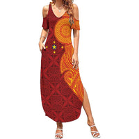 Niue Polynesian Hiapo Tattoo Art Family Matching Summer Maxi Dress and Hawaiian Shirt Half Style Red Yellow Color LT03 Mom's Dress Red - Polynesian Pride
