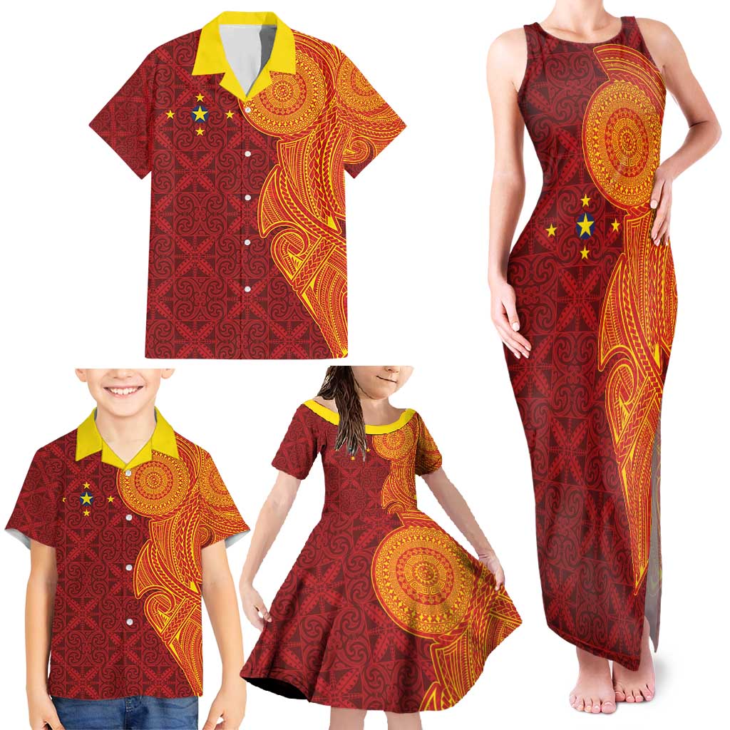 Niue Polynesian Hiapo Tattoo Art Family Matching Tank Maxi Dress and Hawaiian Shirt Half Style Red Yellow Color LT03 - Polynesian Pride