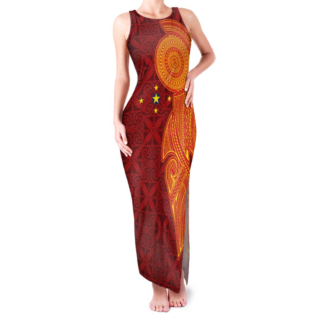 Niue Polynesian Hiapo Tattoo Art Family Matching Tank Maxi Dress and Hawaiian Shirt Half Style Red Yellow Color LT03 Mom's Dress Red - Polynesian Pride