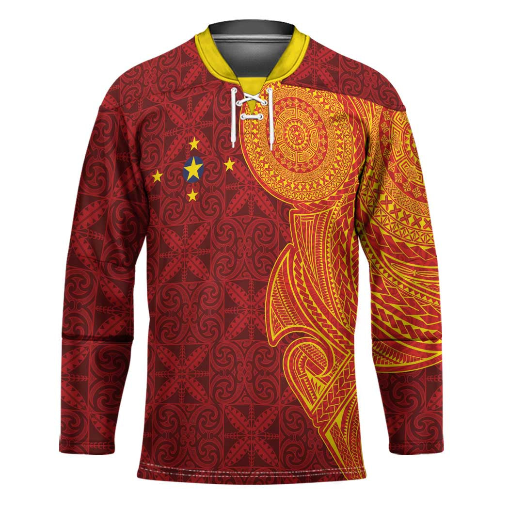 Niue Polynesian Hiapo Tattoo Art Hockey Jersey Half Style Red Yellow Color - Polynesian Pride