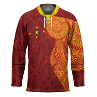 Niue Polynesian Hiapo Tattoo Art Hockey Jersey Half Style Red Yellow Color - Polynesian Pride