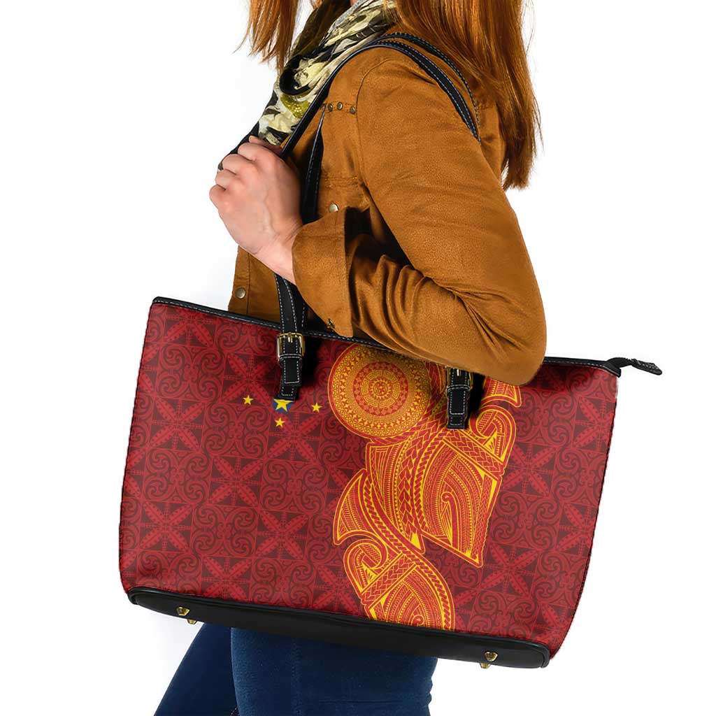 Niue Polynesian Hiapo Tattoo Art Leather Tote Bag Half Style Red Yellow Color - Polynesian Pride