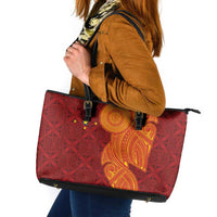 Niue Polynesian Hiapo Tattoo Art Leather Tote Bag Half Style Red Yellow Color - Polynesian Pride
