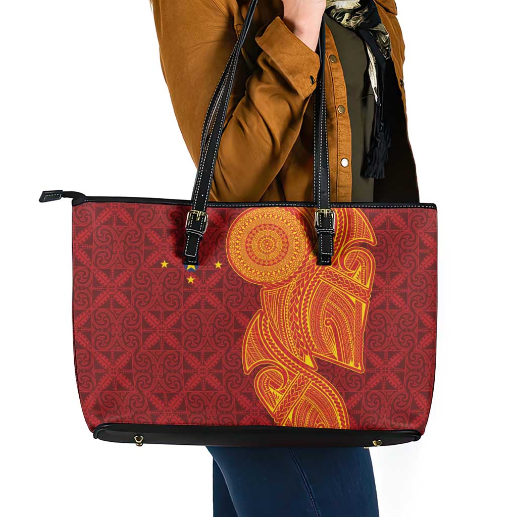 Niue Polynesian Hiapo Tattoo Art Leather Tote Bag Half Style Red Yellow Color - Polynesian Pride