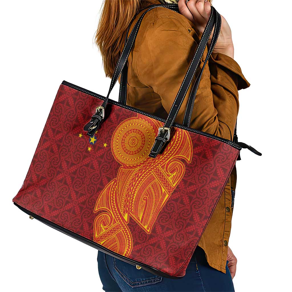 Niue Polynesian Hiapo Tattoo Art Leather Tote Bag Half Style Red Yellow Color - Polynesian Pride