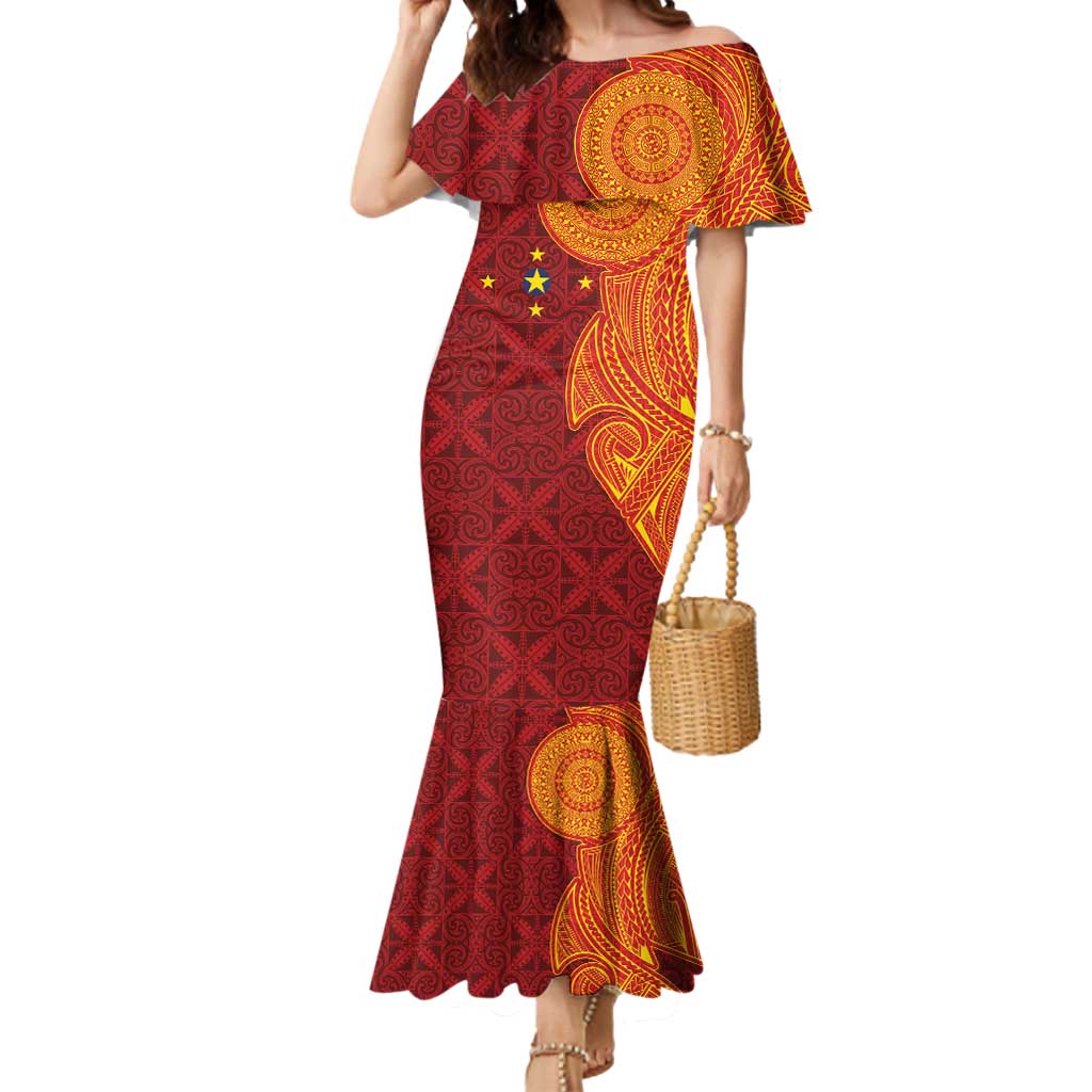 Niue Polynesian Hiapo Tattoo Art Mermaid Dress Half Style Red Yellow Color - Polynesian Pride