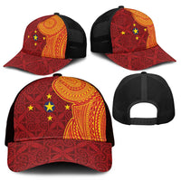 Niue Polynesian Hiapo Tattoo Art Mesh Trucker Cap Half Style Red Yellow Color - Polynesian Pride