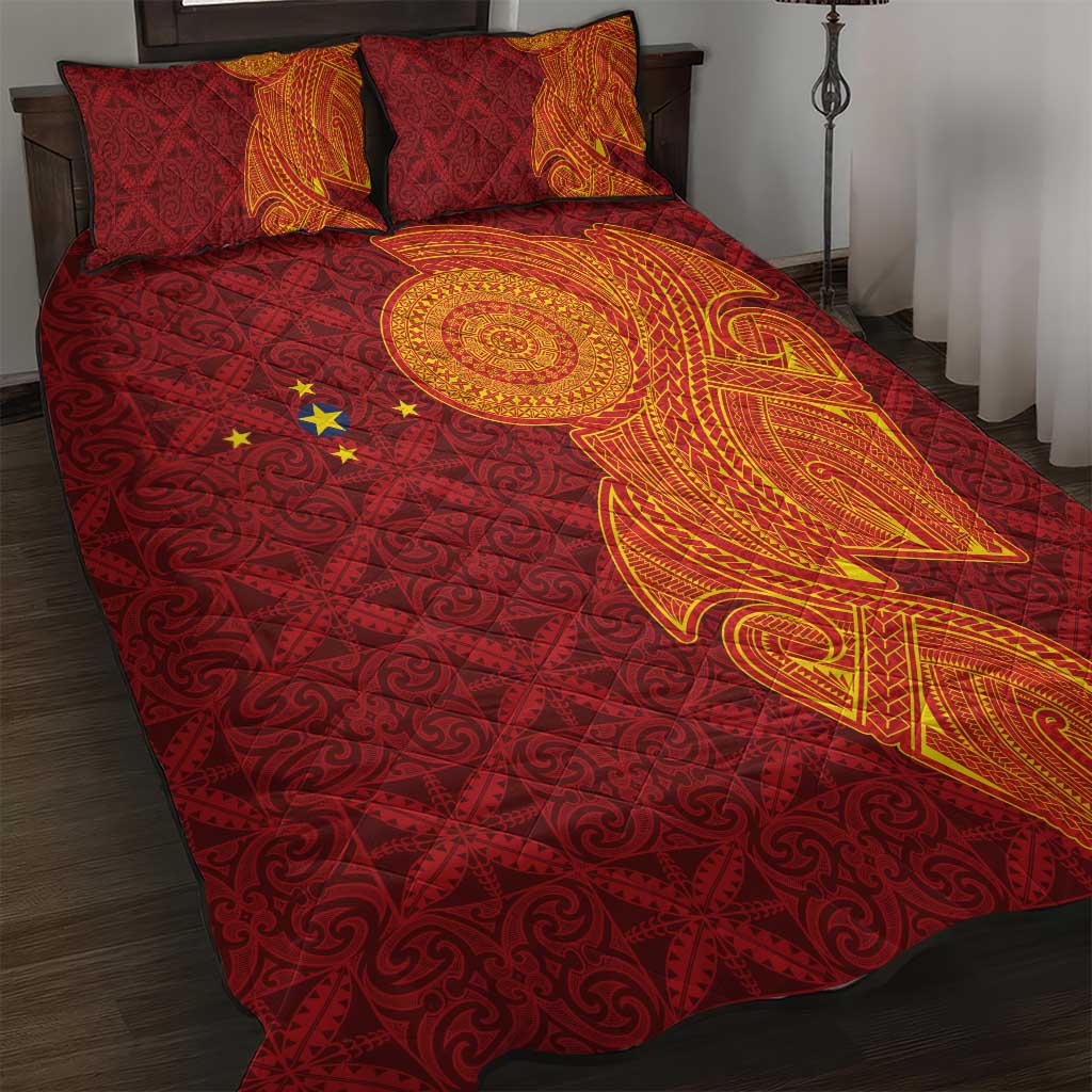 Niue Polynesian Hiapo Tattoo Art Quilt Bed Set Half Style Red Yellow Color - Polynesian Pride