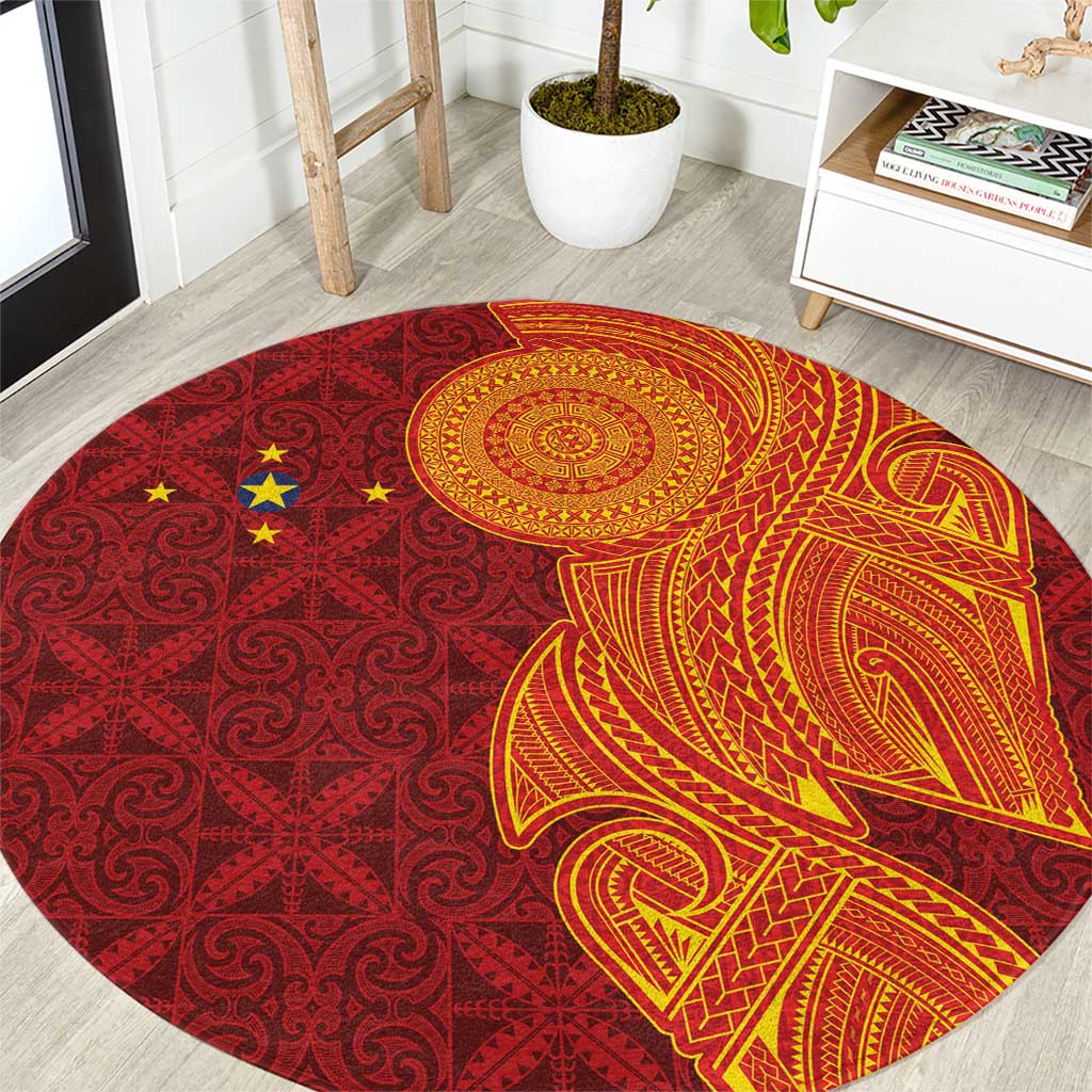Niue Polynesian Hiapo Tattoo Art Round Carpet Half Style Red Yellow Color - Polynesian Pride