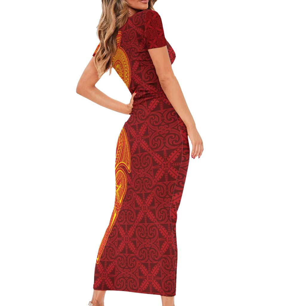 Niue Polynesian Hiapo Tattoo Art Short Sleeve Bodycon Dress Half Style Red Yellow Color - Polynesian Pride