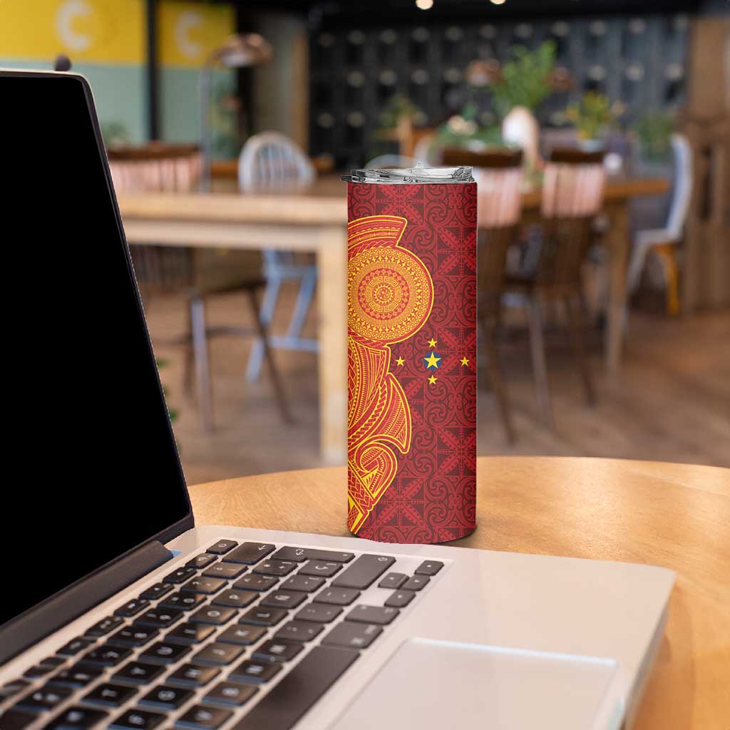 Niue Polynesian Hiapo Tattoo Art Skinny Tumbler Half Style Red Yellow Color - Polynesian Pride
