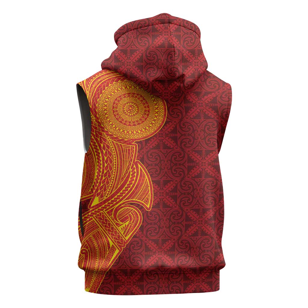 Niue Polynesian Hiapo Tattoo Art Sleeveless Hoodie Half Style Red Yellow Color - Polynesian Pride