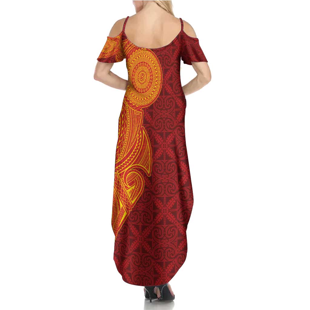 Niue Polynesian Hiapo Tattoo Art Summer Maxi Dress Half Style Red Yellow Color - Polynesian Pride