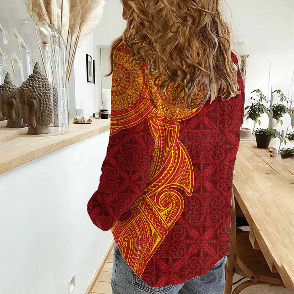 Niue Polynesian Hiapo Tattoo Art Women Casual Shirt Half Style Red Yellow Color - Polynesian Pride