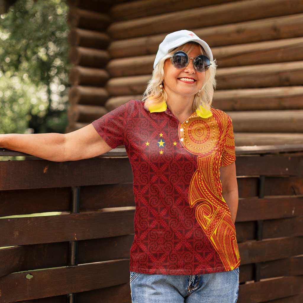 Niue Polynesian Hiapo Tattoo Art Women Polo Shirt Half Style Red Yellow Color - Polynesian Pride