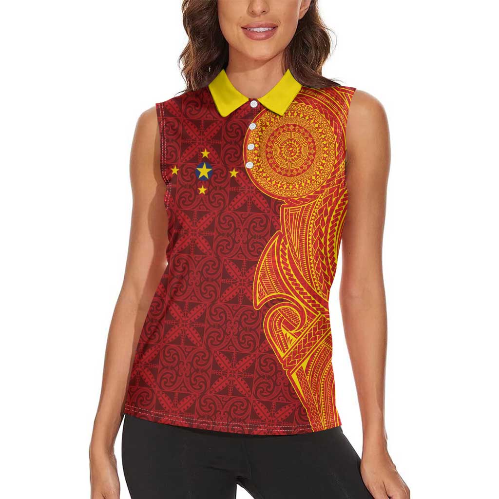 Niue Polynesian Hiapo Tattoo Art Women Sleeveless Polo Shirt Half Style Red Yellow Color - Polynesian Pride