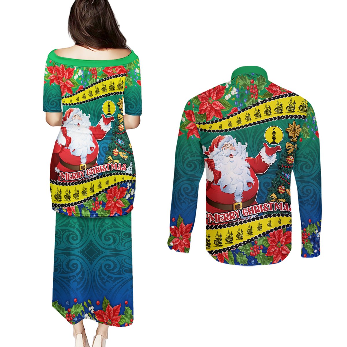 New Caledonia Christmas Couples Matching Puletasi Dress and Long Sleeve Button Shirt Santa Claus and Kanak Flag Mix Poinsettia Maori Pattern LT03 - Polynesian Pride
