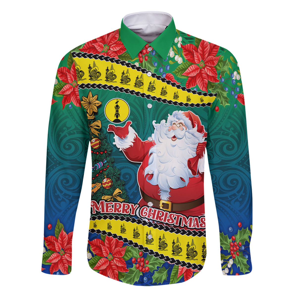 New Caledonia Christmas Family Matching Off Shoulder Short Dress and Hawaiian Shirt Santa Claus and Kanak Flag Mix Poinsettia Maori Pattern LT03 Dad's Shirt - Long Sleeve Green - Polynesian Pride