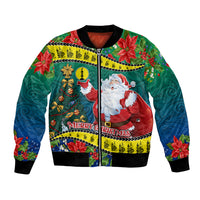 Personalised New Caledonia Christmas Bomber Jacket Santa Claus and Kanak Flag Mix Poinsettia Maori Pattern LT03 Unisex Green - Polynesian Pride