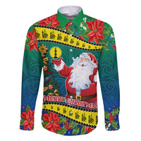 Personalised New Caledonia Christmas Family Matching Off Shoulder Short Dress and Hawaiian Shirt Santa Claus and Kanak Flag Mix Poinsettia Maori Pattern LT03 Dad's Shirt - Long Sleeve Green - Polynesian Pride
