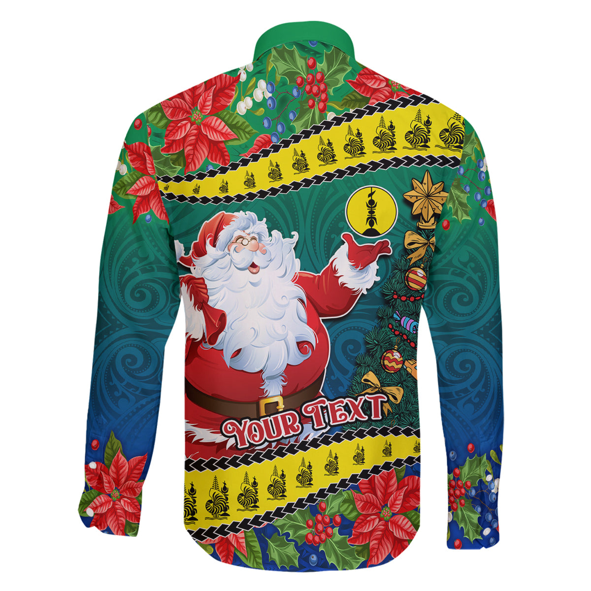 Personalised New Caledonia Christmas Family Matching Off Shoulder Short Dress and Hawaiian Shirt Santa Claus and Kanak Flag Mix Poinsettia Maori Pattern LT03 - Polynesian Pride
