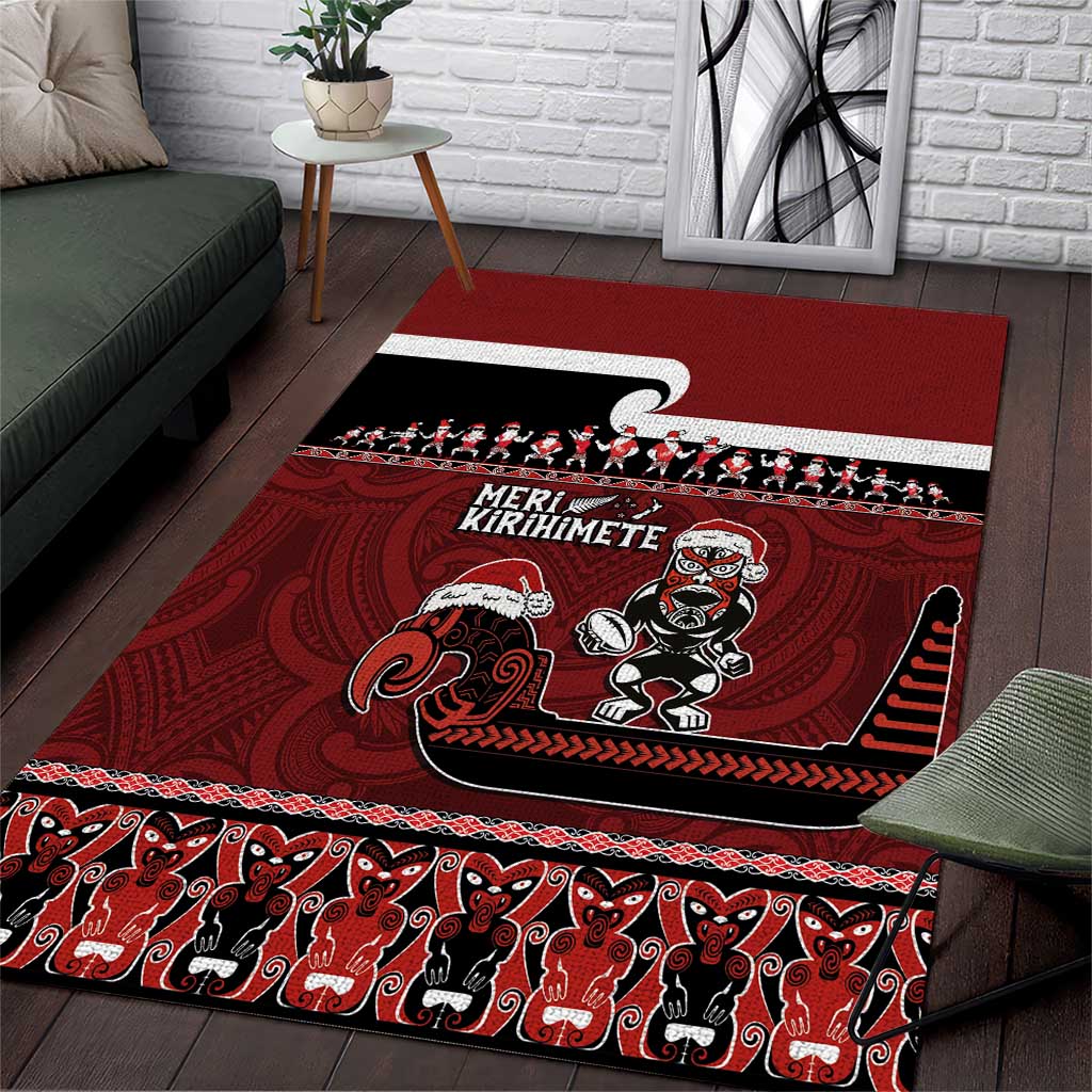 New Zealand Christmas Area Rug Meri Kirihimete Aotearoa Warrior on Waka with Maori Art Tattoo LT03 Red - Polynesian Pride