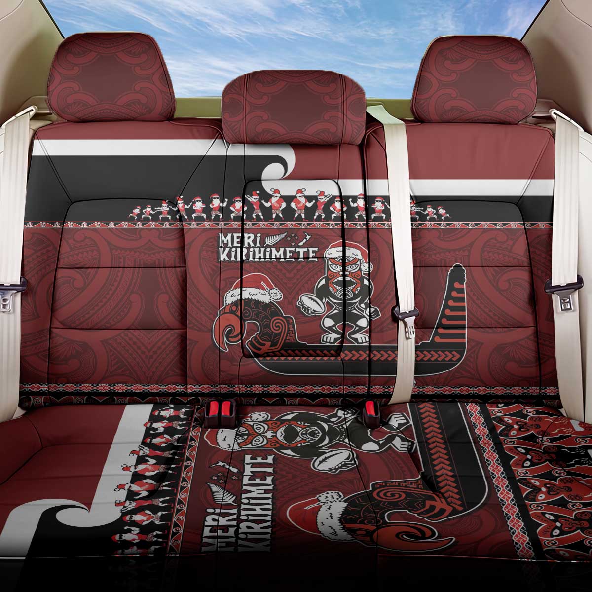 New Zealand Christmas Back Car Seat Cover Meri Kirihimete Aotearoa Warrior on Waka with Maori Art Tattoo LT03 One Size Red - Polynesian Pride