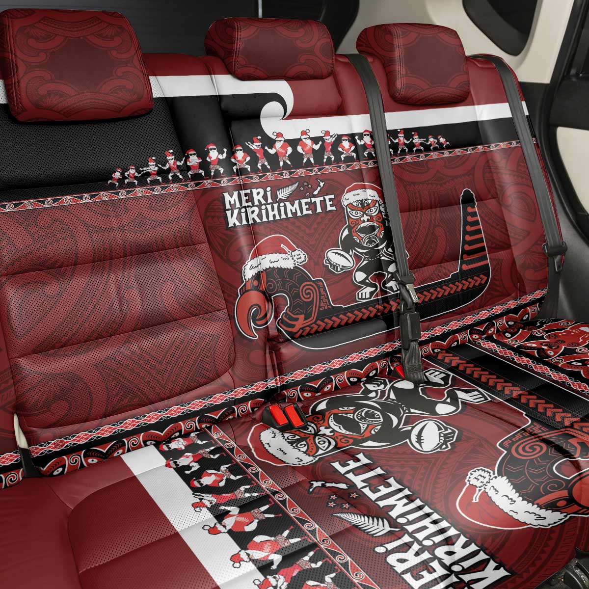 New Zealand Christmas Back Car Seat Cover Meri Kirihimete Aotearoa Warrior on Waka with Maori Art Tattoo LT03 - Polynesian Pride