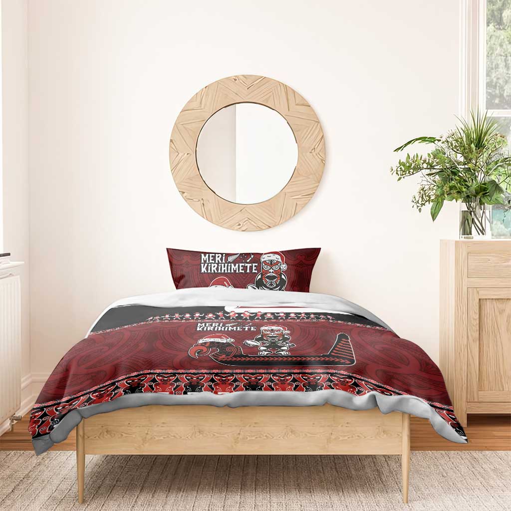New Zealand Christmas Bedding Set Meri Kirihimete Aotearoa Warrior on Waka with Maori Art Tattoo