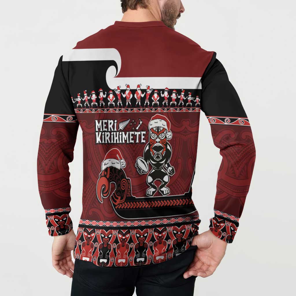 New Zealand Christmas Button Sweatshirt Meri Kirihimete Aotearoa Warrior on Waka with Maori Art Tattoo LT03 - Polynesian Pride