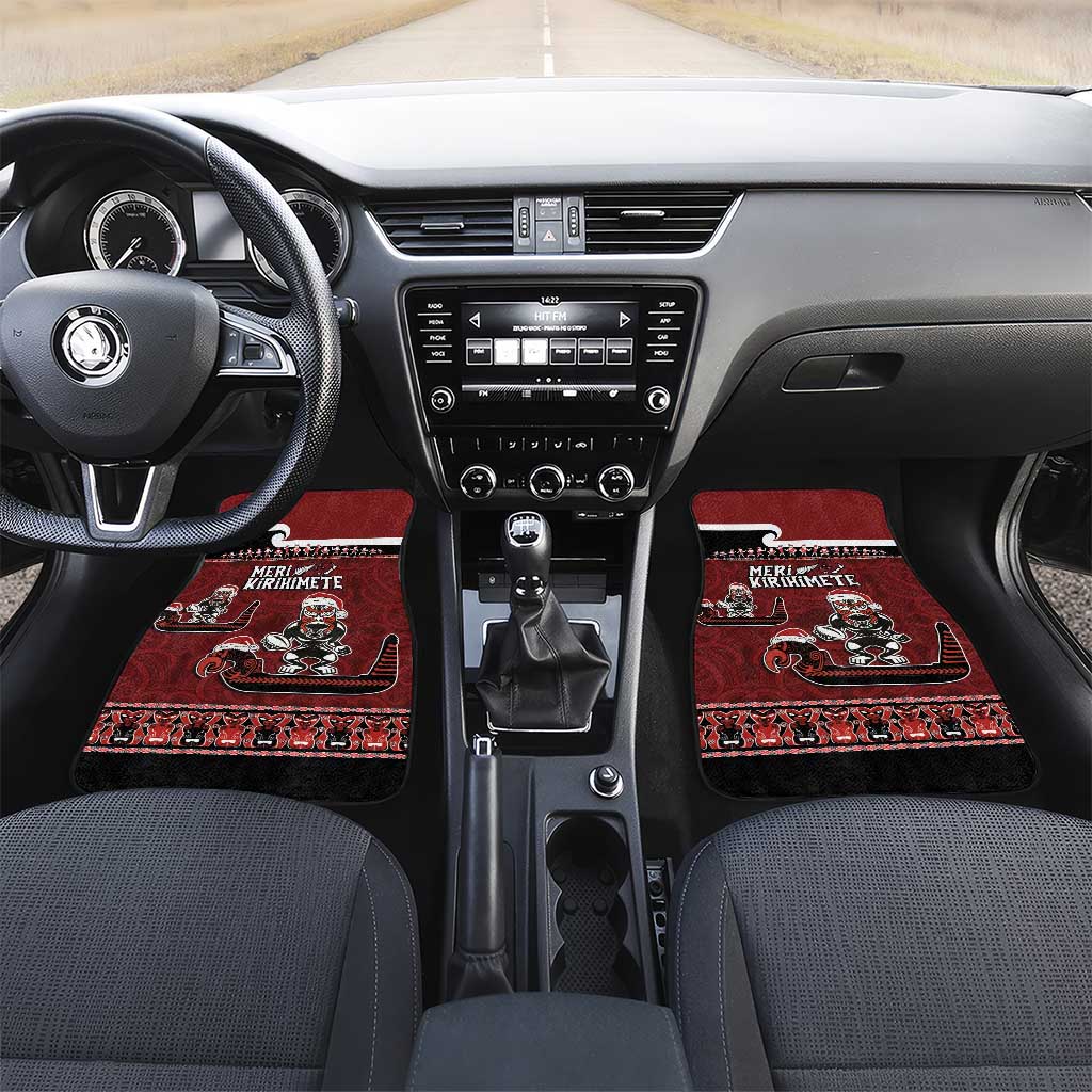 New Zealand Christmas Car Mats Meri Kirihimete Aotearoa Warrior on Waka with Maori Art Tattoo LT03 Set 2pcs - Front Red - Polynesian Pride