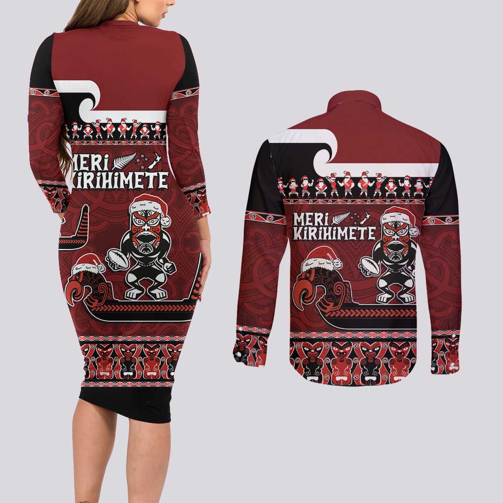 New Zealand Christmas Couples Matching Long Sleeve Bodycon Dress and Long Sleeve Button Shirt Meri Kirihimete Aotearoa Warrior on Waka with Maori Art Tattoo LT03 - Polynesian Pride
