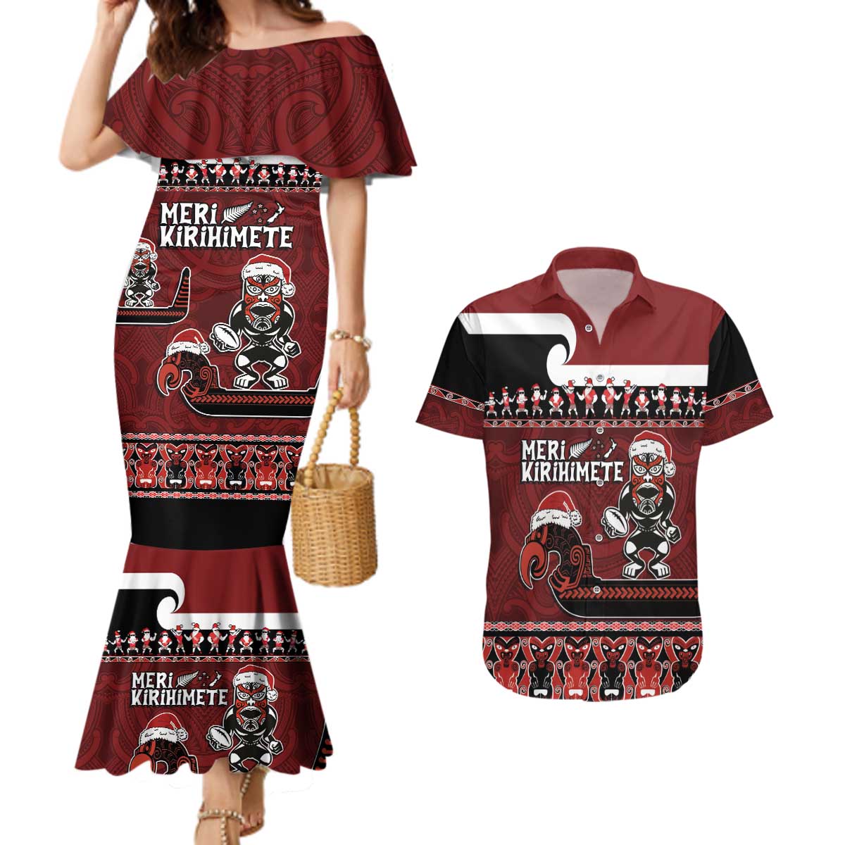 New Zealand Christmas Couples Matching Mermaid Dress and Hawaiian Shirt Meri Kirihimete Aotearoa Warrior on Waka with Maori Art Tattoo LT03 Red - Polynesian Pride