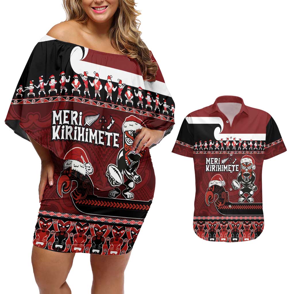 New Zealand Christmas Couples Matching Off Shoulder Short Dress and Hawaiian Shirt Meri Kirihimete Aotearoa Warrior on Waka with Maori Art Tattoo LT03 Red - Polynesian Pride