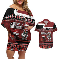 New Zealand Christmas Couples Matching Off Shoulder Short Dress and Hawaiian Shirt Meri Kirihimete Aotearoa Warrior on Waka with Maori Art Tattoo LT03 Red - Polynesian Pride