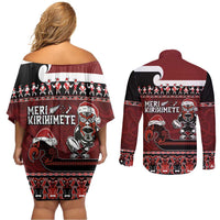 New Zealand Christmas Couples Matching Off Shoulder Short Dress and Long Sleeve Button Shirt Meri Kirihimete Aotearoa Warrior on Waka with Maori Art Tattoo LT03 - Polynesian Pride