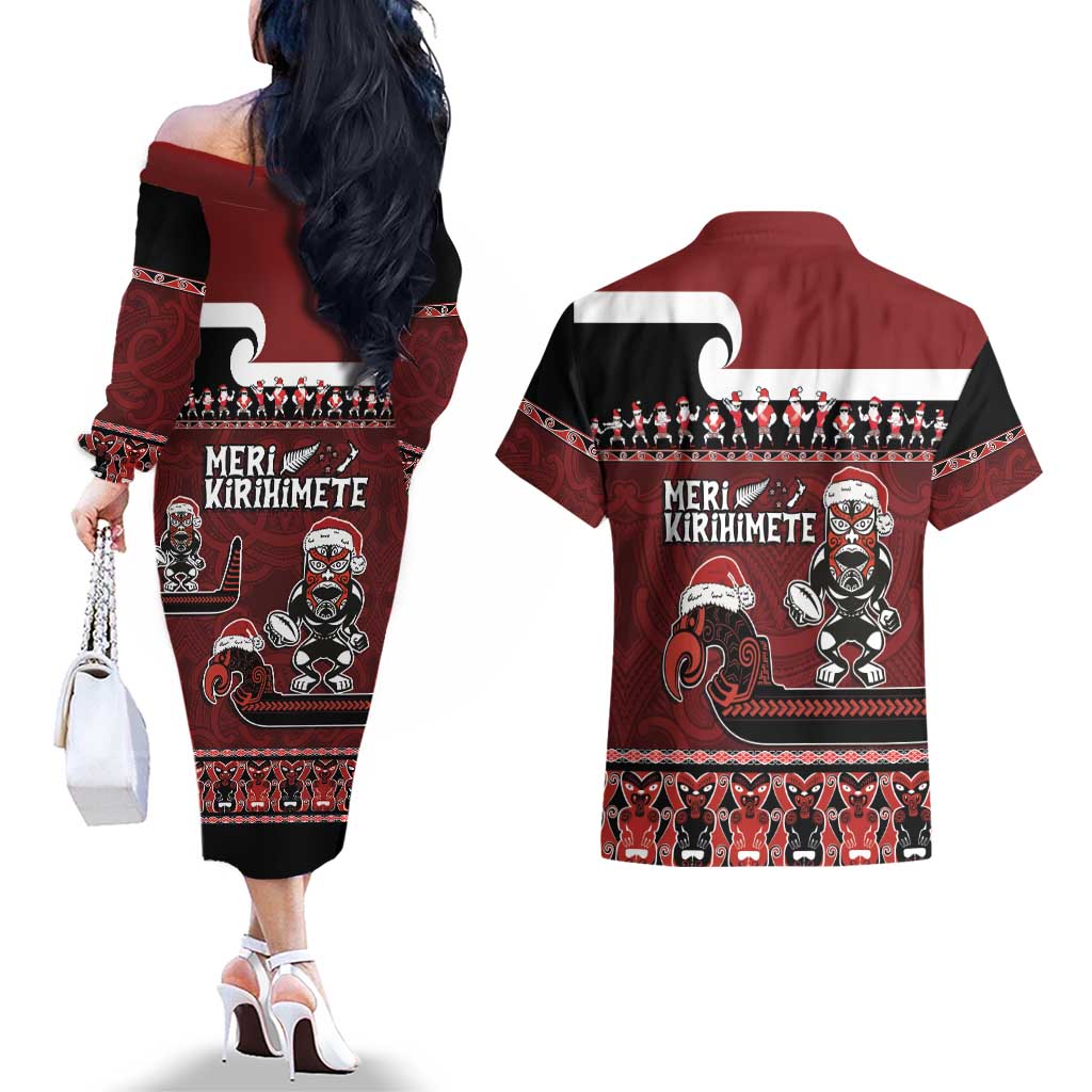 New Zealand Christmas Couples Matching Off The Shoulder Long Sleeve Dress and Hawaiian Shirt Meri Kirihimete Aotearoa Warrior on Waka with Maori Art Tattoo LT03 - Polynesian Pride
