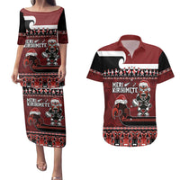 New Zealand Christmas Couples Matching Puletasi and Hawaiian Shirt Meri Kirihimete Aotearoa Warrior on Waka with Maori Art Tattoo LT03 Red - Polynesian Pride