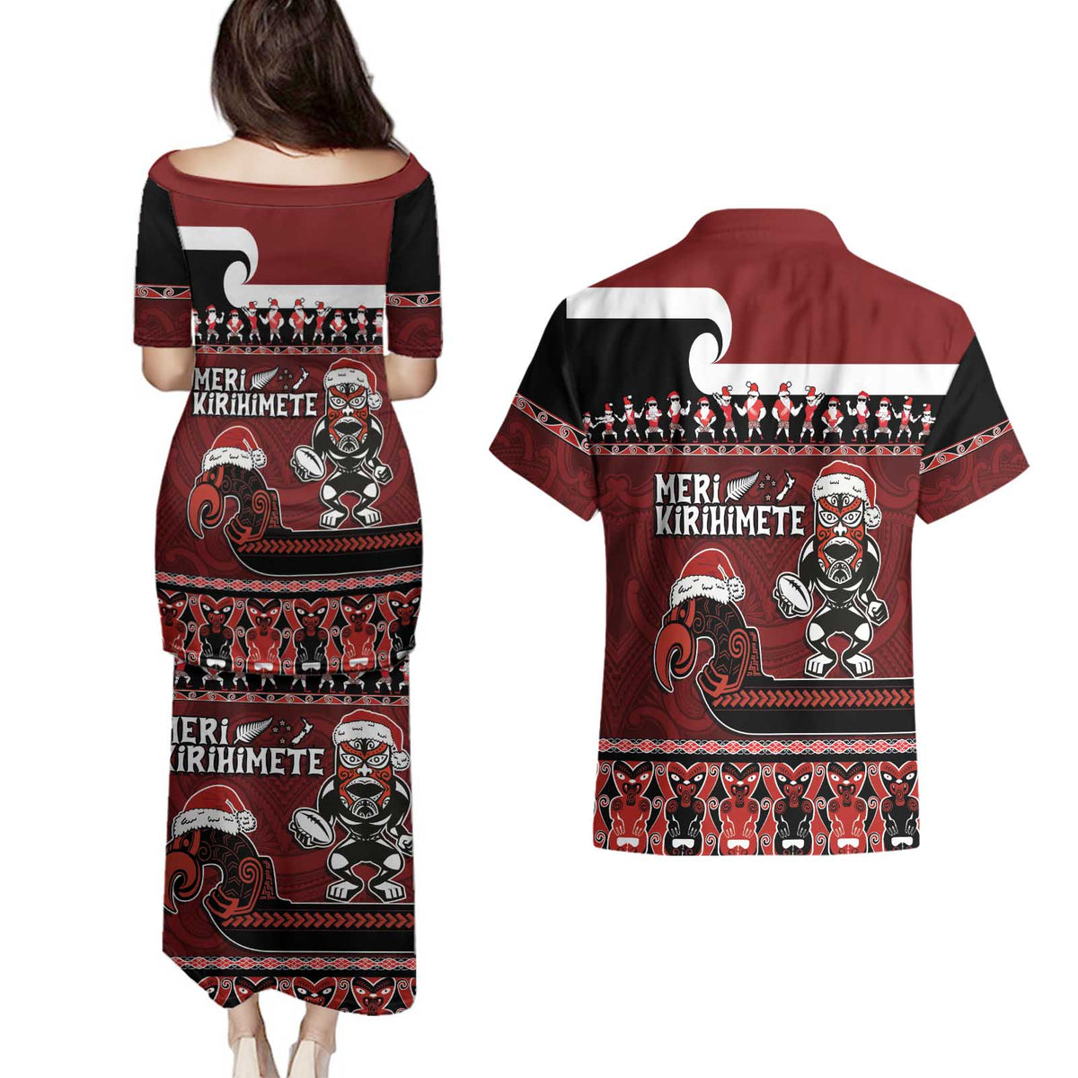 New Zealand Christmas Couples Matching Puletasi and Hawaiian Shirt Meri Kirihimete Aotearoa Warrior on Waka with Maori Art Tattoo LT03 - Polynesian Pride