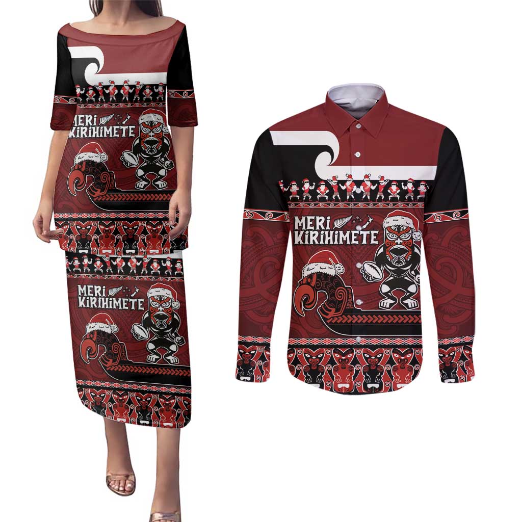 New Zealand Christmas Couples Matching Puletasi and Long Sleeve Button Shirt Meri Kirihimete Aotearoa Warrior on Waka with Maori Art Tattoo LT03 Red - Polynesian Pride