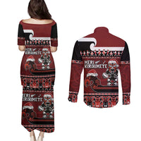New Zealand Christmas Couples Matching Puletasi and Long Sleeve Button Shirt Meri Kirihimete Aotearoa Warrior on Waka with Maori Art Tattoo LT03 - Polynesian Pride