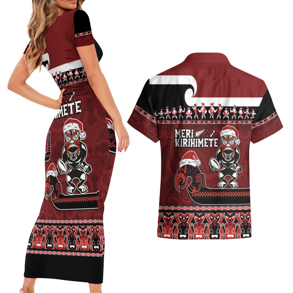 New Zealand Christmas Couples Matching Short Sleeve Bodycon Dress and Hawaiian Shirt Meri Kirihimete Aotearoa Warrior on Waka with Maori Art Tattoo LT03 - Polynesian Pride