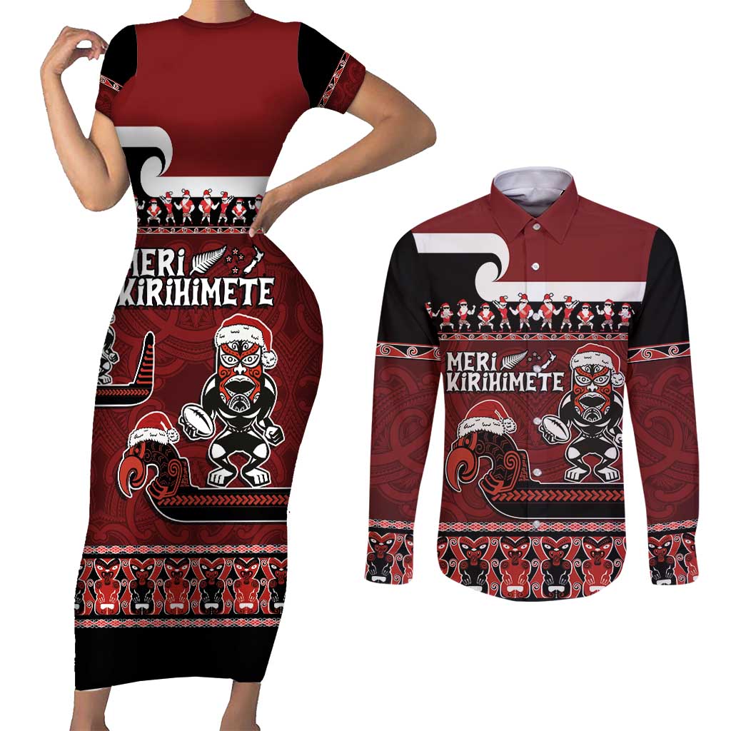 New Zealand Christmas Couples Matching Short Sleeve Bodycon Dress and Long Sleeve Button Shirt Meri Kirihimete Aotearoa Warrior on Waka with Maori Art Tattoo LT03 Red - Polynesian Pride